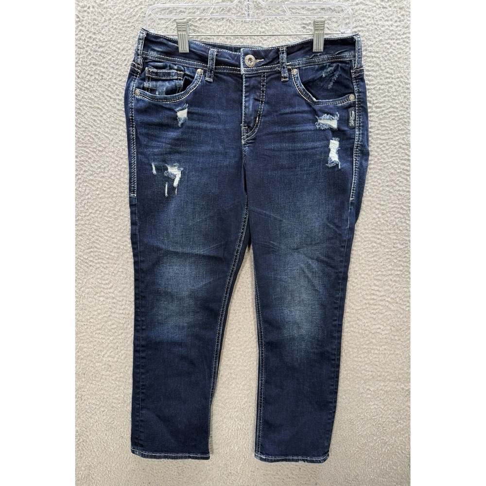 Silver Jeans‎ Womens 29x22.5 Blue Suki Capri Stretch Thick Stitch Distressed